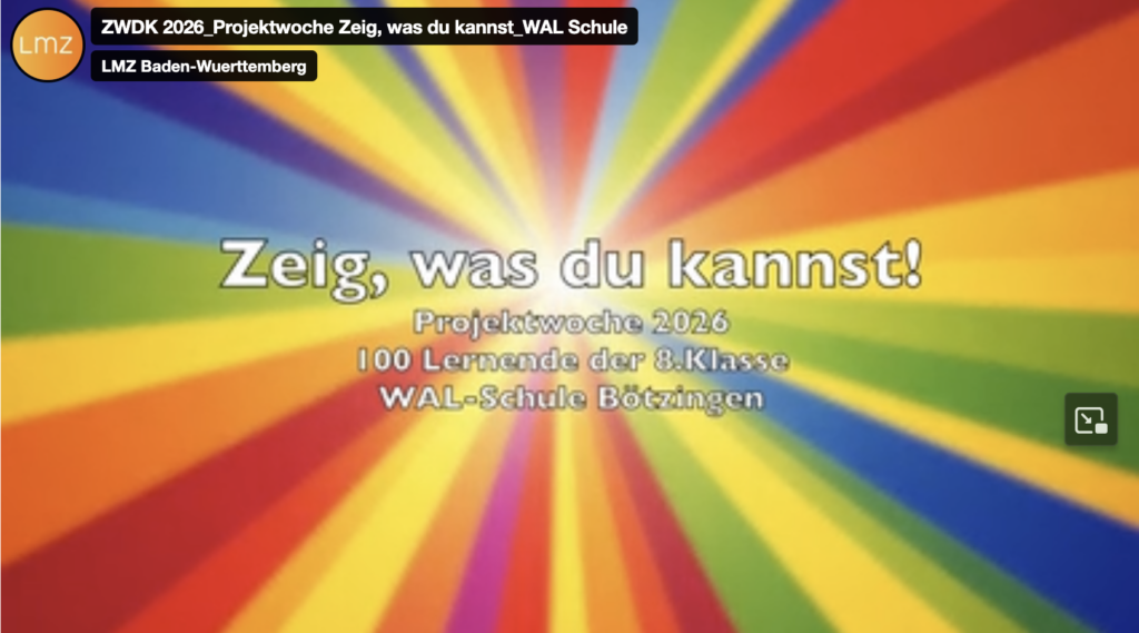 Buntes Farben im Kreis angeordnet in der Mitte die Schrift: Zeig was du kannst!" Ein Play Button und die ZEitleiste ist zu sehen. Das Foto ist ein Standbild aus dem Video im Beitrag. teasert das Video an.