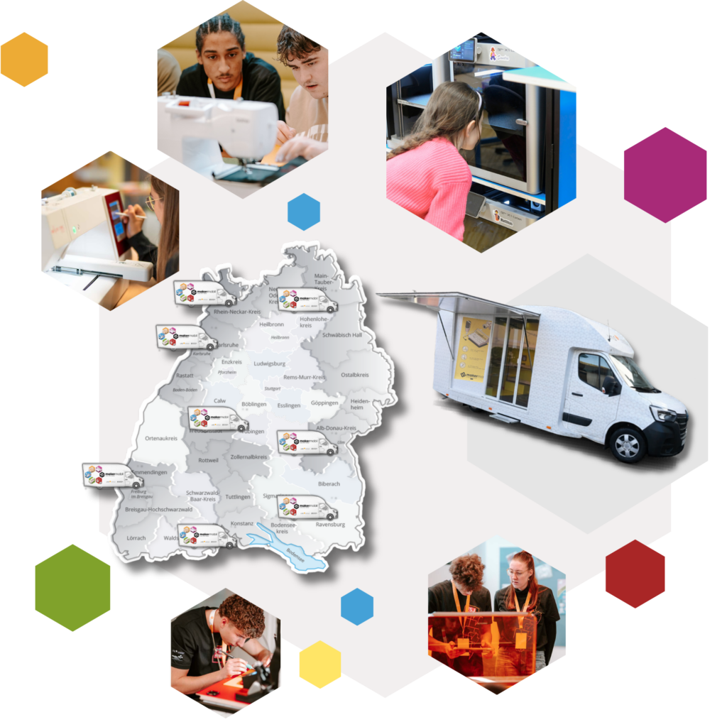 Eine hexagonale Collage zeigt das Makermobil-Projekt in Baden-Württemberg. Im Zentrum des Bildes ist eine Karte von Baden-Württemberg zu sehen, auf der acht Makermobil-Fahrzeuge mit kleinen Logos an verschiedenen Standorten eingezeichnet sind, darunter Karlsruhe, Tübingen, Freiburg im Breisgau, Emmendingen, Lörrach, Waldshut, Konstanz, Bodenseekreis, Sigmaringen, Ulm sowie im Rhein-Neckar-Kreis und weiteren nördlichen Regionen. Um die Karte herum sind sechs Fotos in Hexagon-Form angeordnet: oben links zwei Jugendliche an einer digitalen Stickmaschine; oben rechts ein Mädchen im rosafarbenen Pullover, das konzentriert in einen 3D-Drucker schaut; links mittig eine Person, die an einem Lasercutter oder Plotter arbeitet; rechts mittig ein aufgeklapptes Makermobil-Fahrzeug von außen mit geöffneter Seitenwand und sichtbarem Innenraum; unten links ein Jugendlicher, der mit Lupe oder Werkzeug an einem Elektronikprojekt arbeitet; unten rechts zwei junge Frauen mit Lanyards, die gemeinsam an einem leuchtenden Objekt arbeiten – vermutlich auf einer Messe oder Veranstaltung. Im Hintergrund sind farbige Hexagone in Orange, Magenta, Grün, Gelb, Blau und Dunkelrot verteilt – Teil der Makermobil-Bildsprache.