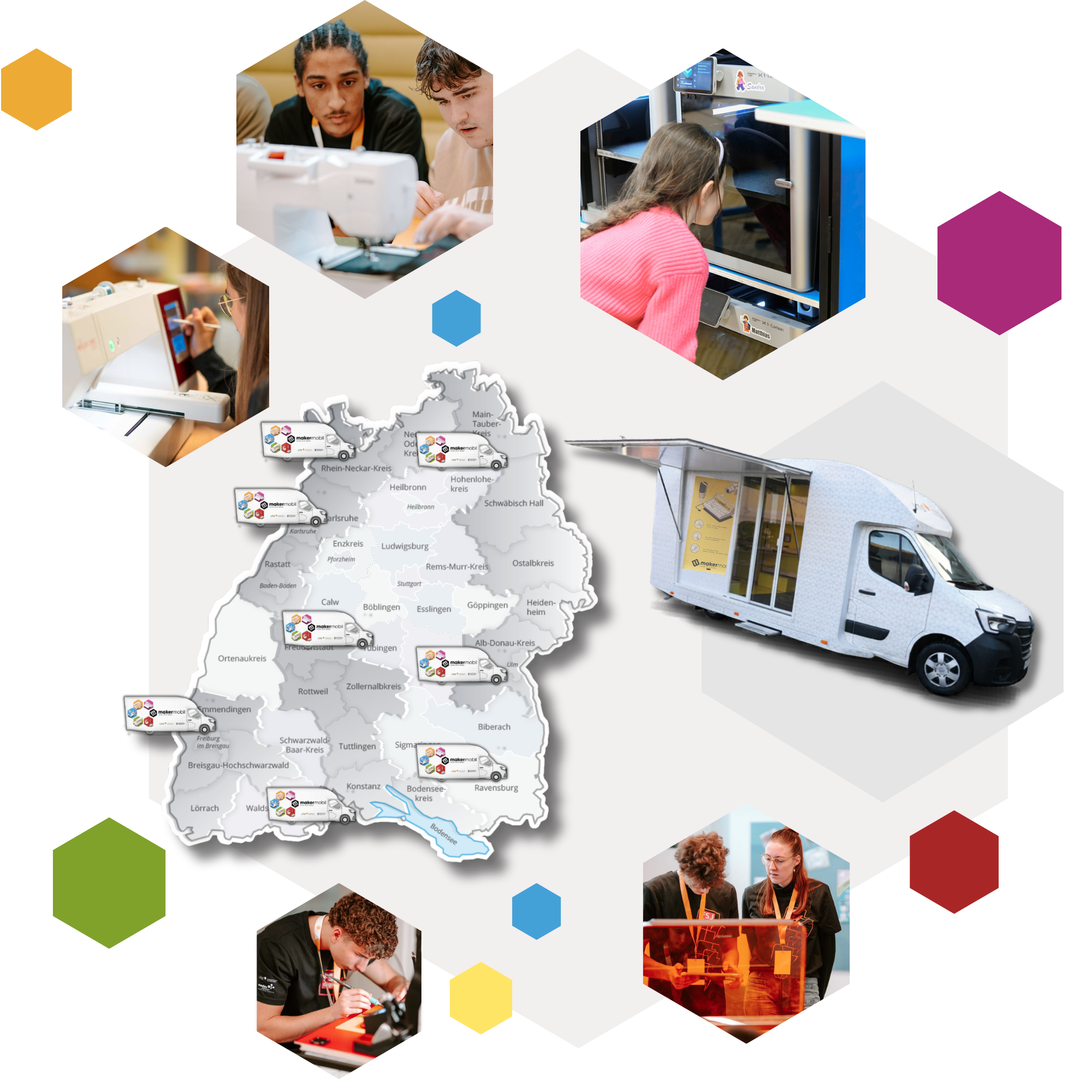 Eine hexagonale Collage zeigt das Makermobil-Projekt in Baden-Württemberg. Im Zentrum des Bildes ist eine Karte von Baden-Württemberg zu sehen, auf der acht Makermobil-Fahrzeuge mit kleinen Logos an verschiedenen Standorten eingezeichnet sind, darunter Karlsruhe, Tübingen, Freiburg im Breisgau, Emmendingen, Lörrach, Waldshut, Konstanz, Bodenseekreis, Sigmaringen, Ulm sowie im Rhein-Neckar-Kreis und weiteren nördlichen Regionen. Um die Karte herum sind sechs Fotos in Hexagon-Form angeordnet: oben links zwei Jugendliche an einer digitalen Stickmaschine; oben rechts ein Mädchen im rosafarbenen Pullover, das konzentriert in einen 3D-Drucker schaut; links mittig eine Person, die an einem Lasercutter oder Plotter arbeitet; rechts mittig ein aufgeklapptes Makermobil-Fahrzeug von außen mit geöffneter Seitenwand und sichtbarem Innenraum; unten links ein Jugendlicher, der mit Lupe oder Werkzeug an einem Elektronikprojekt arbeitet; unten rechts zwei junge Frauen mit Lanyards, die gemeinsam an einem leuchtenden Objekt arbeiten – vermutlich auf einer Messe oder Veranstaltung. Im Hintergrund sind farbige Hexagone in Orange, Magenta, Grün, Gelb, Blau und Dunkelrot verteilt – Teil der Makermobil-Bildsprache.