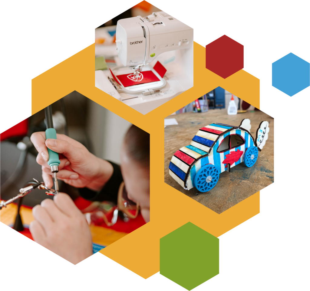 Collage aus drei hexagonalen Fotos, die verschiedene Making-Aktivitäten zeigen: eine Stickmaschine beim Sticken, ein Kind beim Löten und ein buntes selbstgebautes Spielzeugauto. Im Hintergrund eine große orangefarbene Hexagon-Form sowie einzelne kleinere Hexagone in Rot, Blau und Grün.
